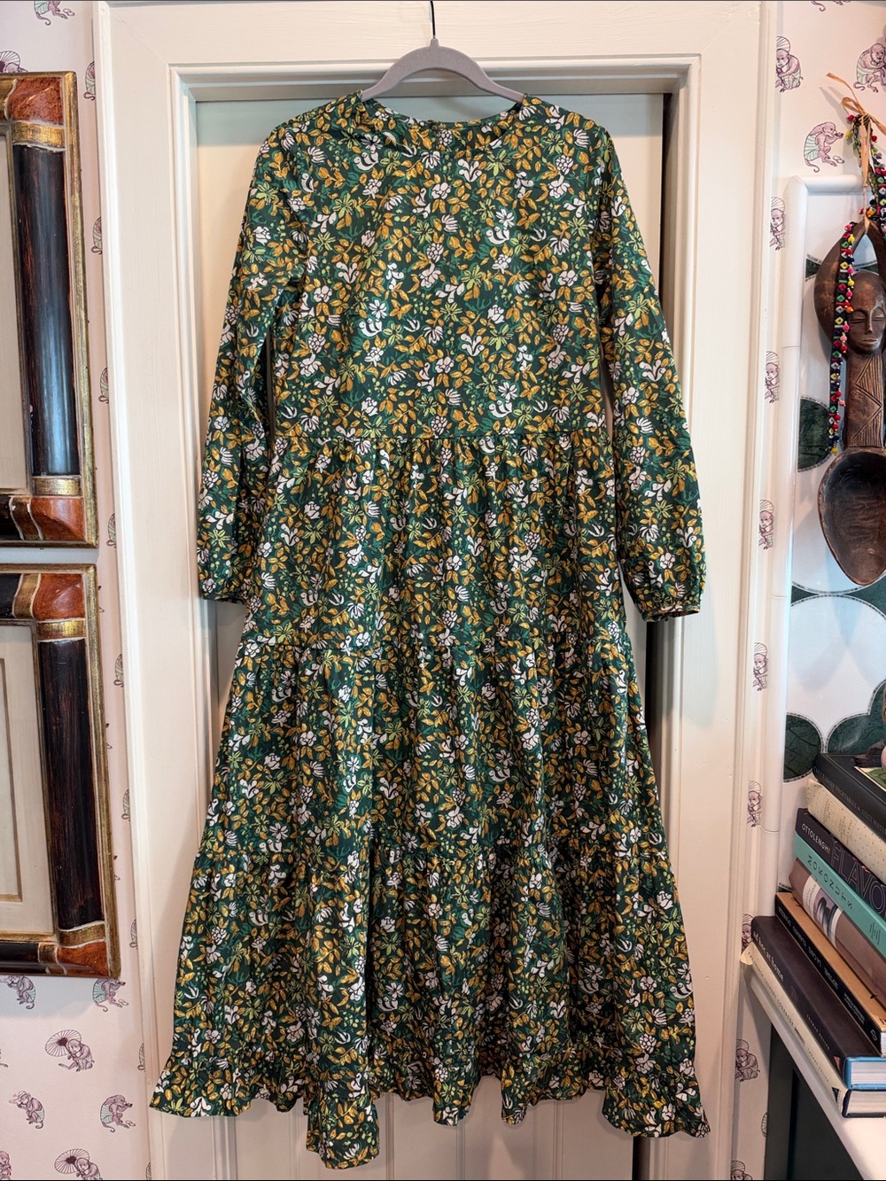 Anthropologie Green Floral Tiered Long Sleeve Dress